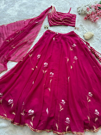 Function Wear Pink Color Pure Georgette Hand Painted Fully Stitched Lehenga Choli