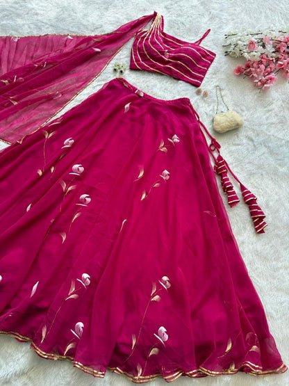 Function Wear Pink Color Pure Georgette Hand Painted Fully Stitched Lehenga Choli