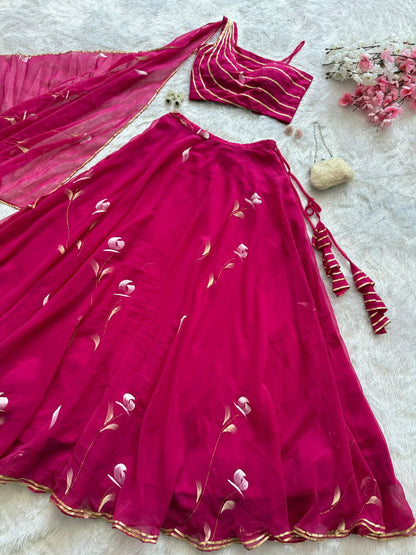 Function Wear Pink Color Pure Georgette Hand Painted Fully Stitched Lehenga Choli
