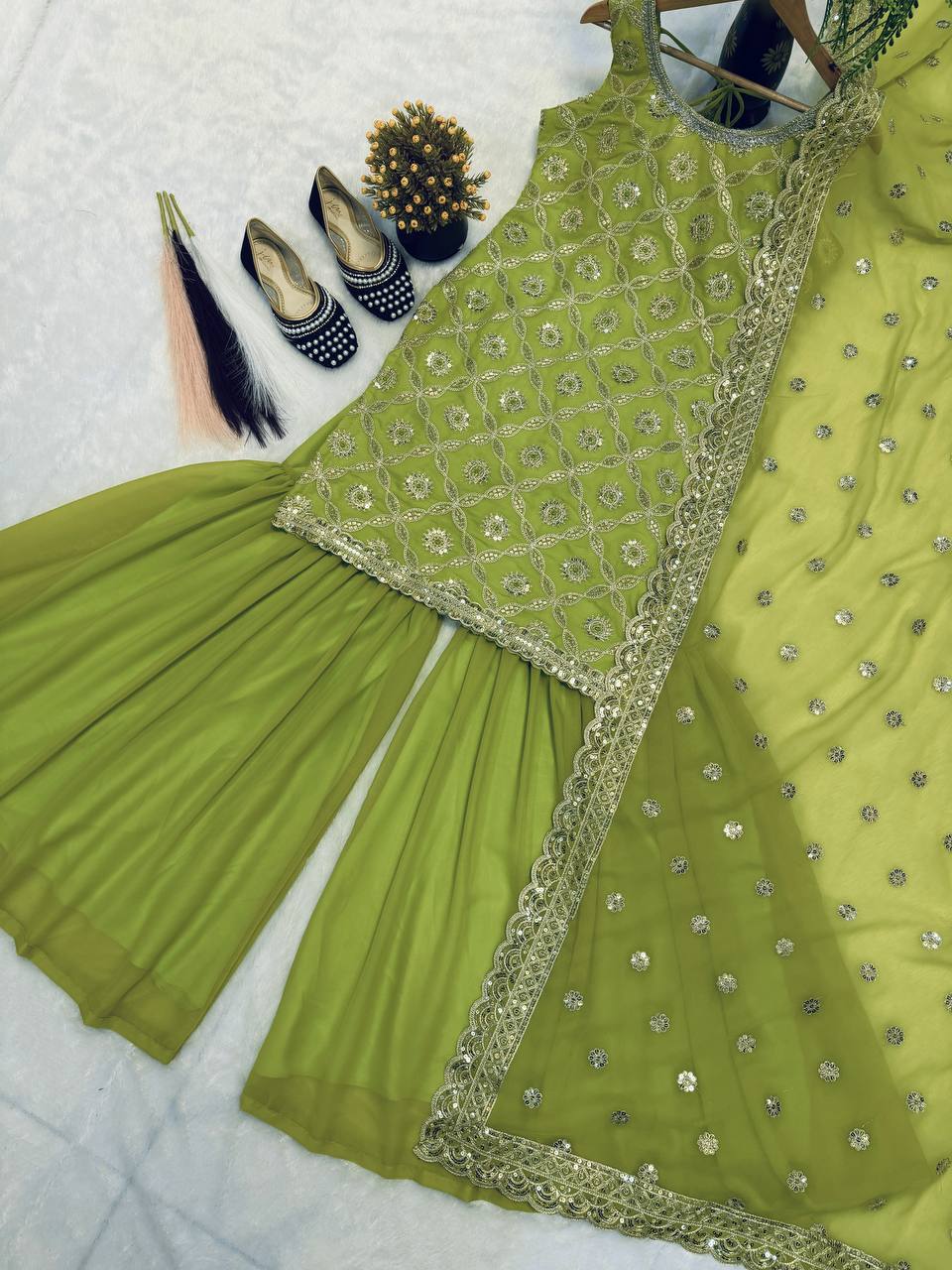 Elegant Green Color Georgette Designer Sharara Set
