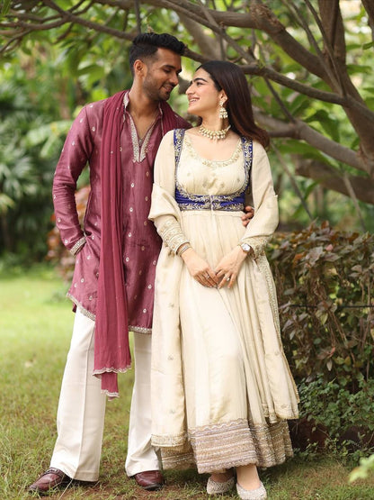 Elegant Cream Color Chinon Silk Anarkali Set with Koti And Dupatta