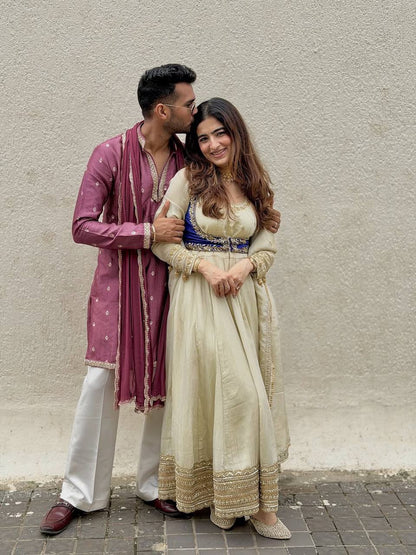 Elegant Cream Color Chinon Silk Anarkali Set with Koti And Dupatta