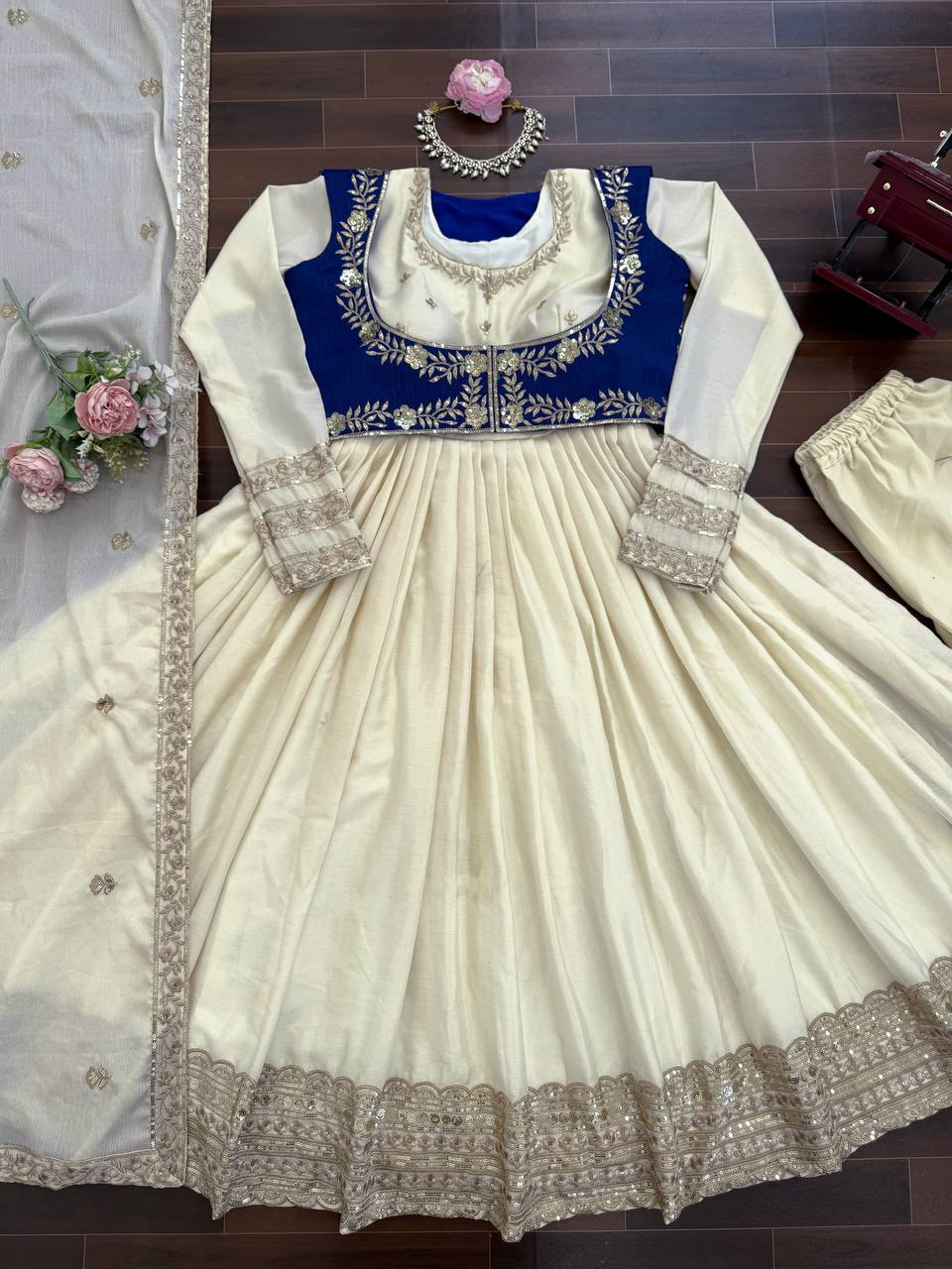 Elegant Cream Color Chinon Silk Anarkali Set with Koti And Dupatta