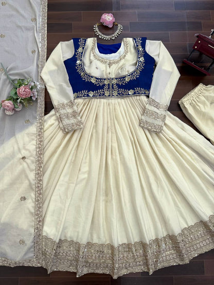 Elegant Cream Color Chinon Silk Anarkali Set with Koti And Dupatta