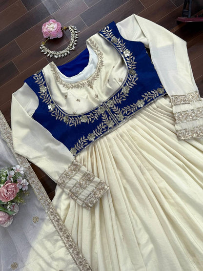 Elegant Cream Color Chinon Silk Anarkali Set with Koti And Dupatta