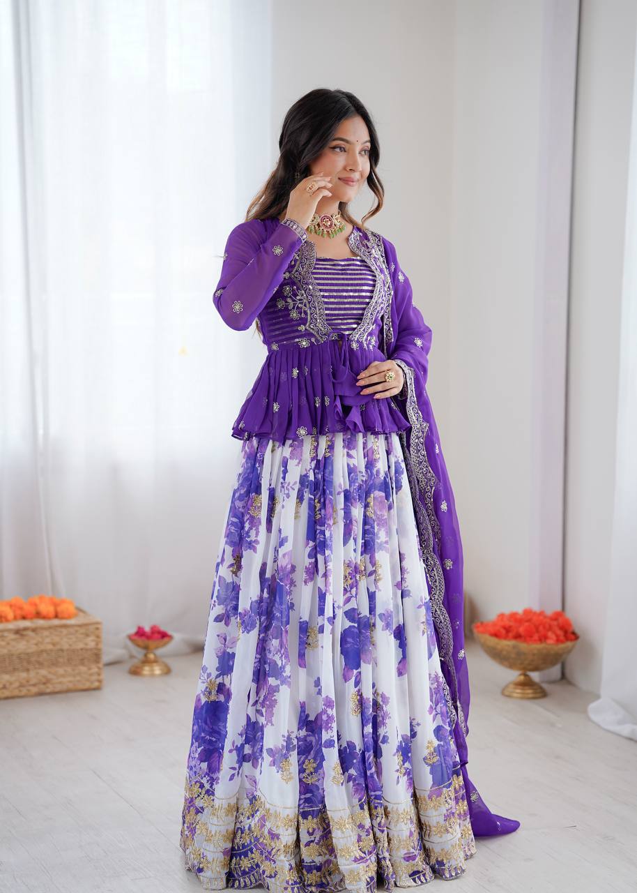 Blue Color Georgette With Digital Printed Lehenga Choli With Koti