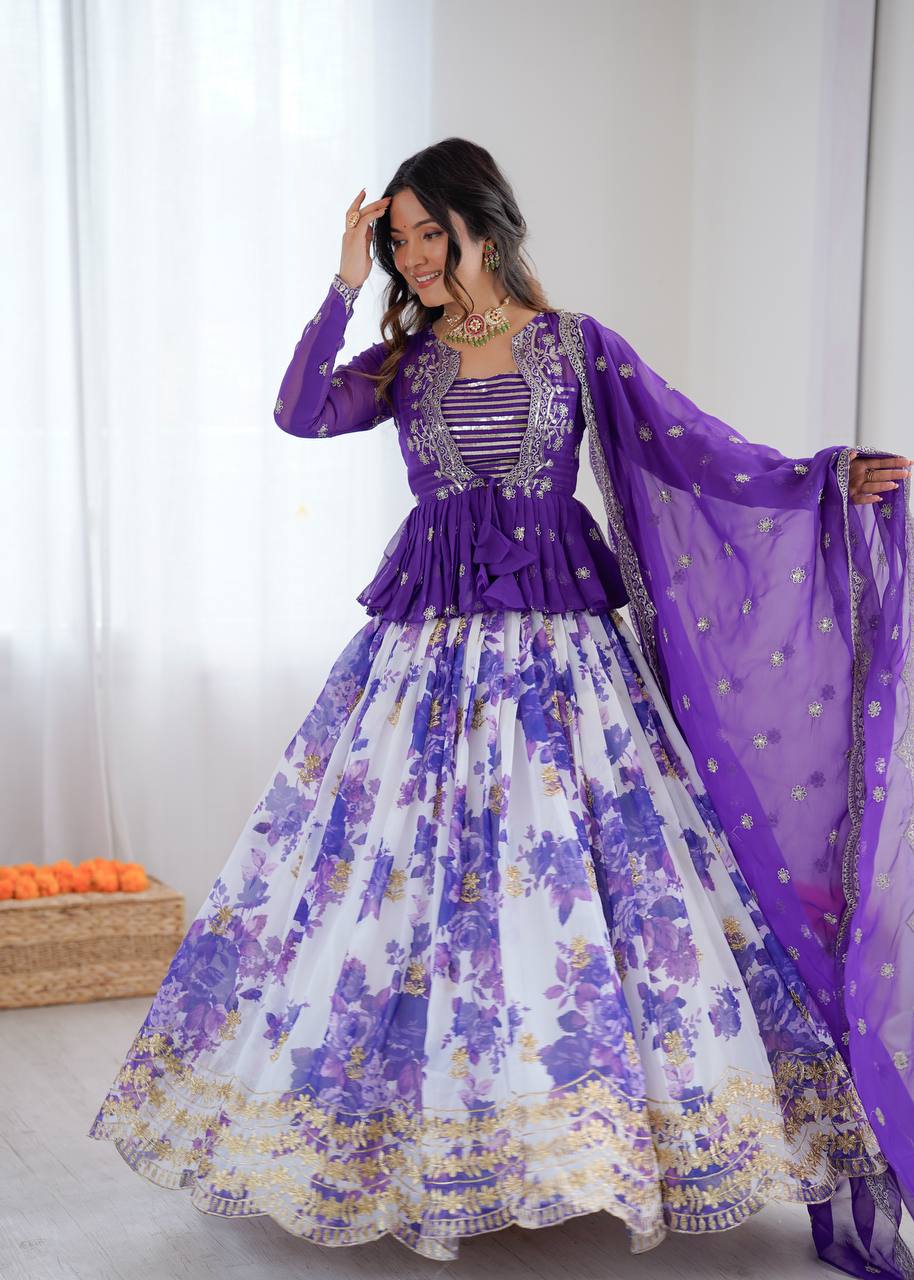 Blue Color Georgette With Digital Printed Lehenga Choli With Koti