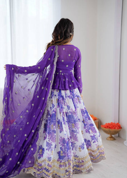 Blue Color Georgette With Digital Printed Lehenga Choli With Koti