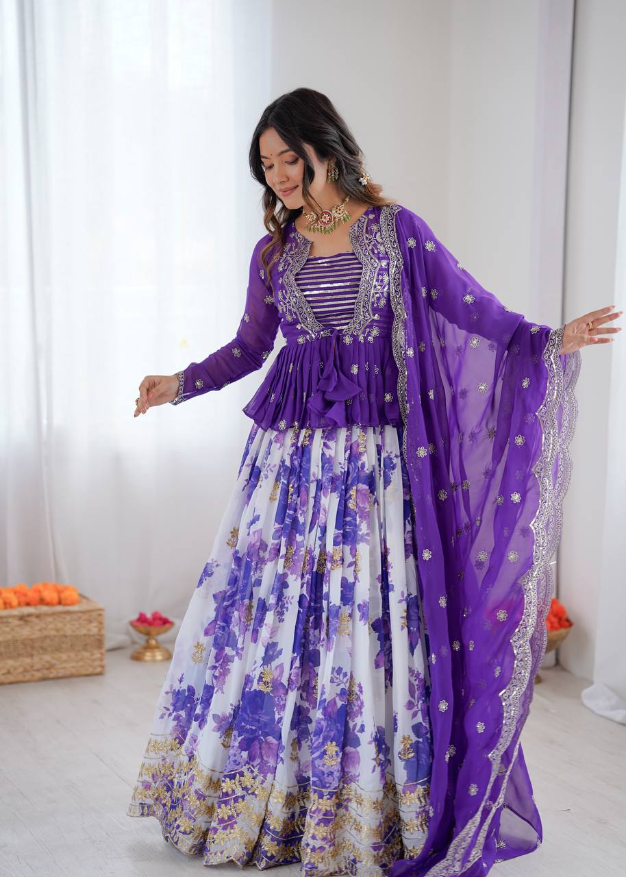 Blue Color Georgette With Digital Printed Lehenga Choli With Koti
