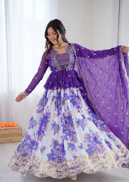 Blue Color Georgette With Digital Printed Lehenga Choli With Koti