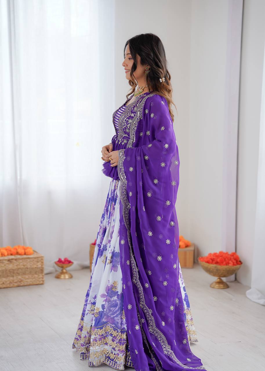 Blue Color Georgette With Digital Printed Lehenga Choli With Koti