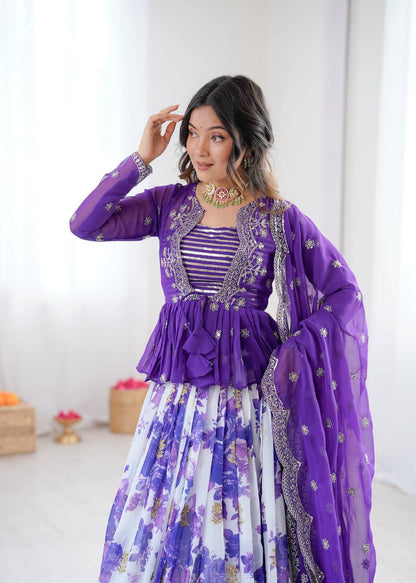 Blue Color Georgette With Digital Printed Lehenga Choli With Koti