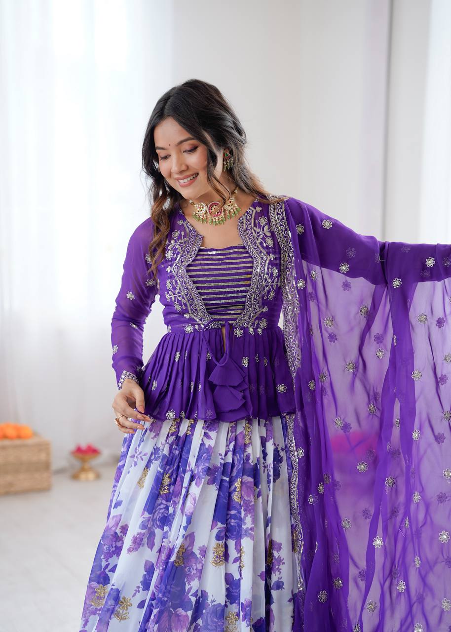 Blue Color Georgette With Digital Printed Lehenga Choli With Koti