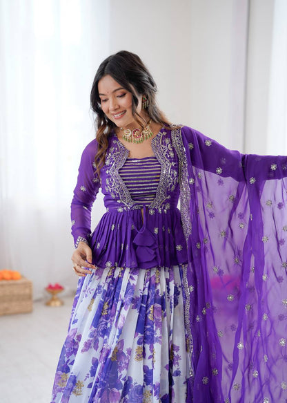 Blue Color Georgette With Digital Printed Lehenga Choli With Koti