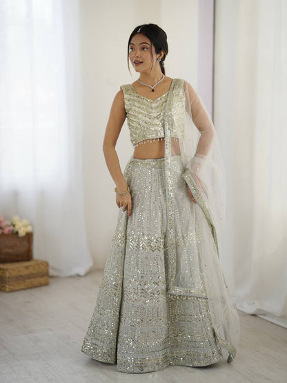 Bollywood Style White Color Georgette Lehenga With Sequins Dori Work Designer Lehenga Choli