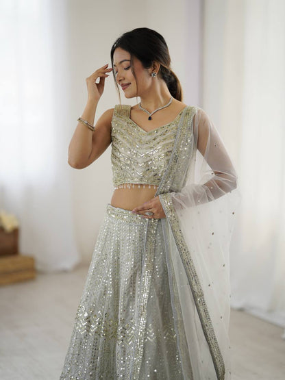 Bollywood Style White Color Georgette Lehenga With Sequins Dori Work Designer Lehenga Choli