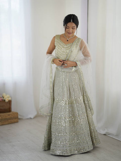 Bollywood Style White Color Georgette Lehenga With Sequins Dori Work Designer Lehenga Choli