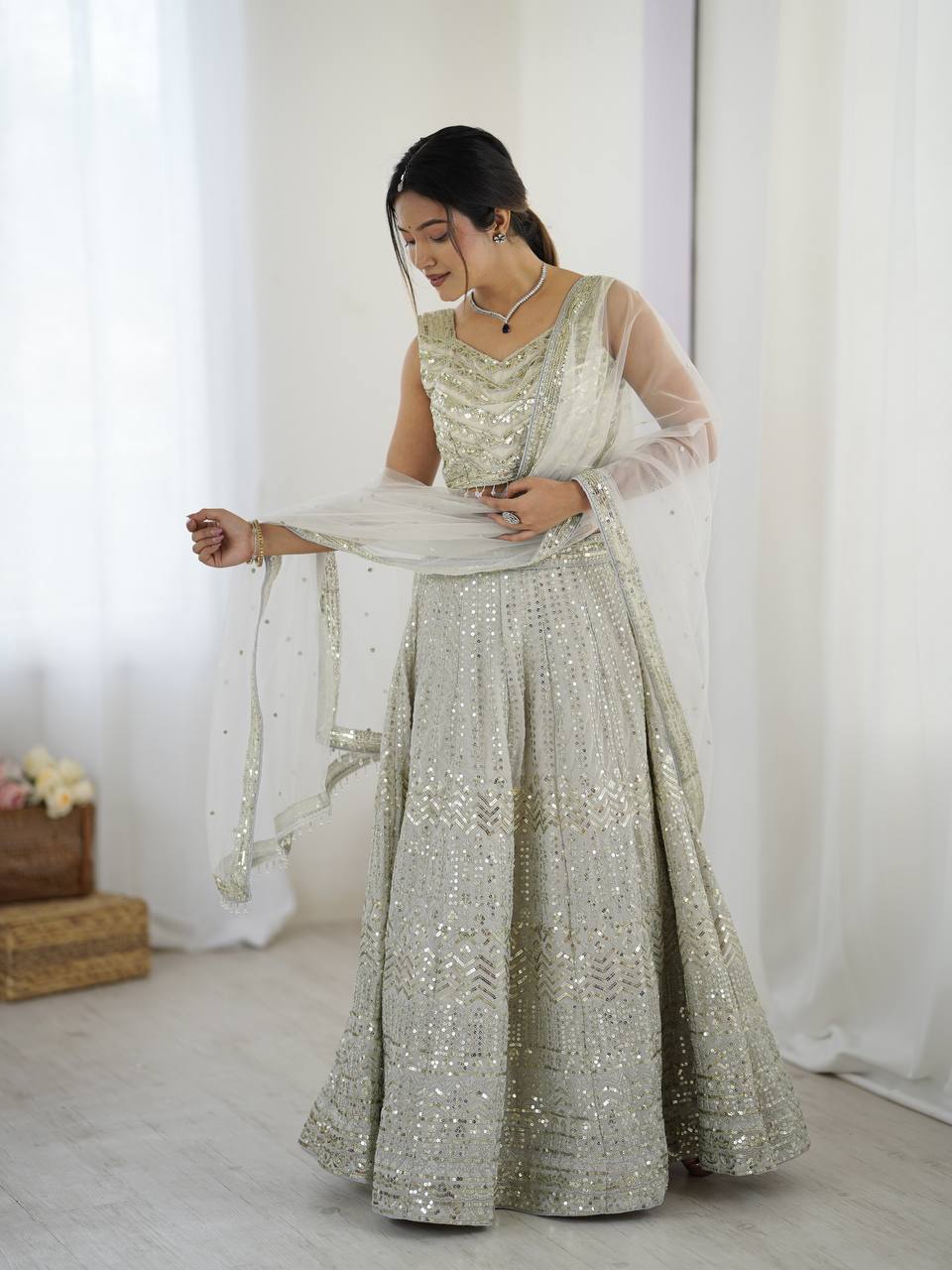 Bollywood Style White Color Georgette Lehenga With Sequins Dori Work Designer Lehenga Choli