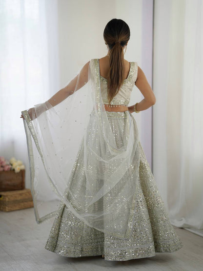 Bollywood Style White Color Georgette Lehenga With Sequins Dori Work Designer Lehenga Choli