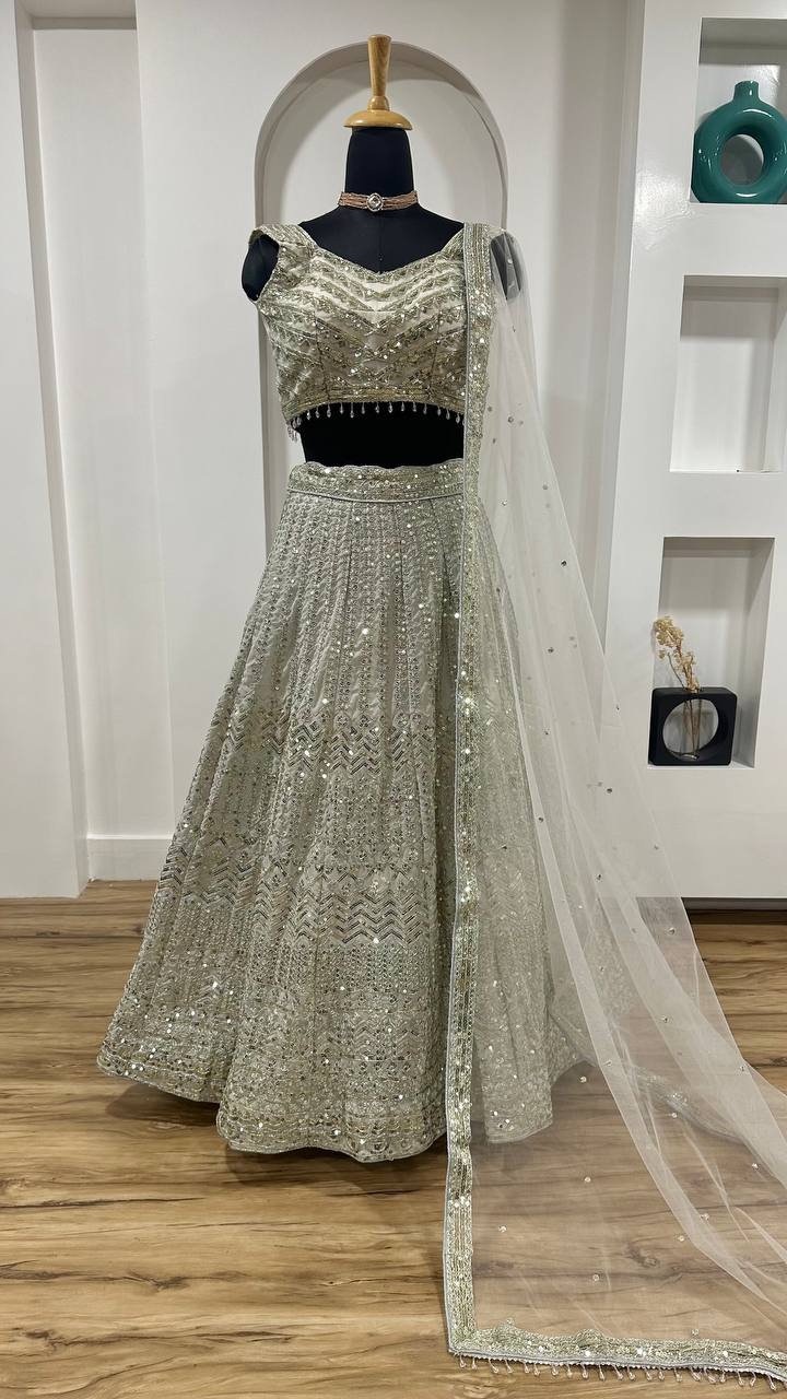 Bollywood Style White Color Georgette Lehenga With Sequins Dori Work Designer Lehenga Choli