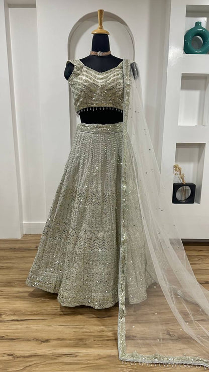 Bollywood Style White Color Georgette Lehenga With Sequins Dori Work Designer Lehenga Choli