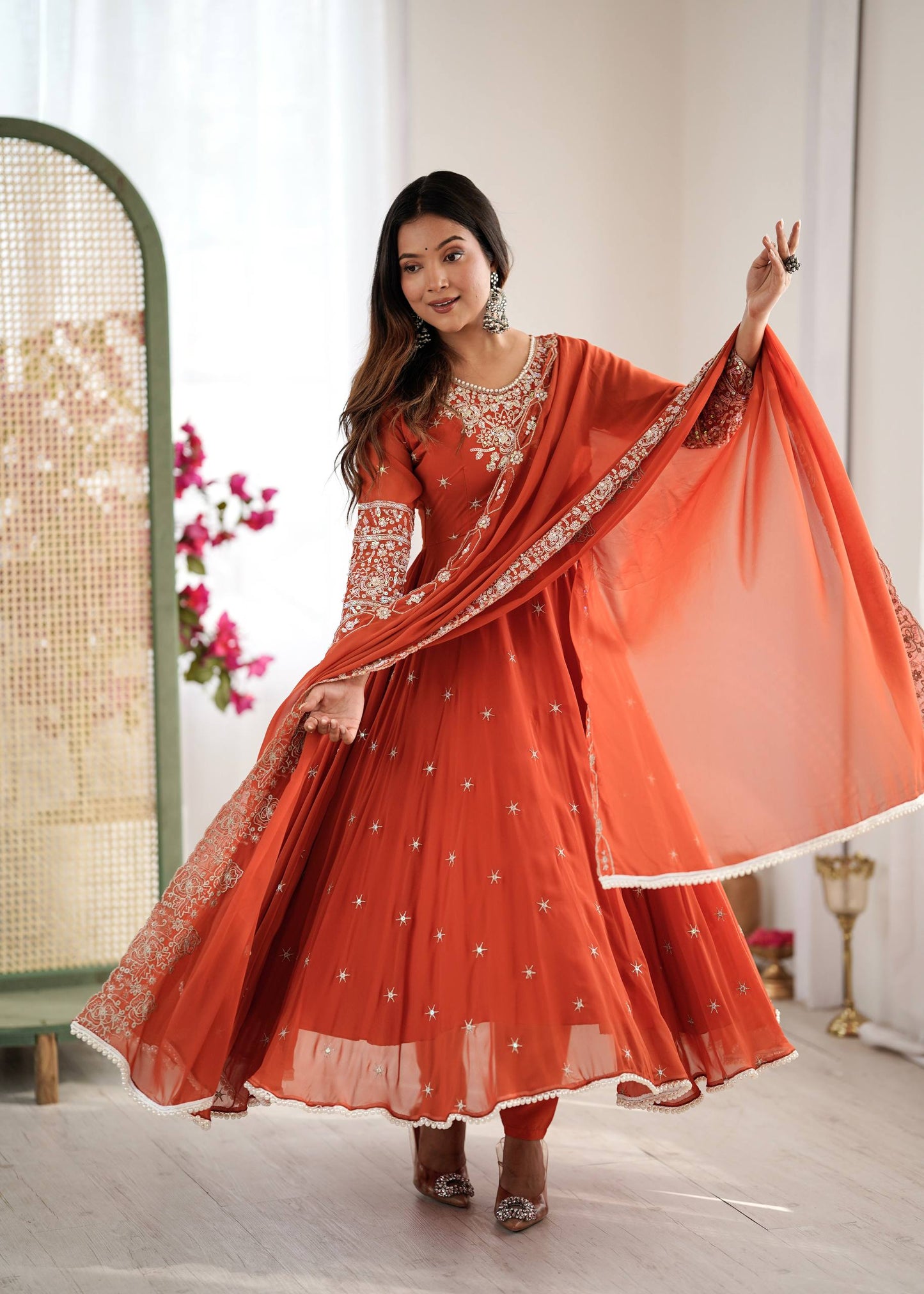 Arti Chauhan Wear Orange Color Sequence With Moti Work Anarkali Set