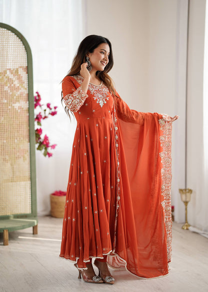 Arti Chauhan Wear Orange Color Sequence With Moti Work Anarkali Set