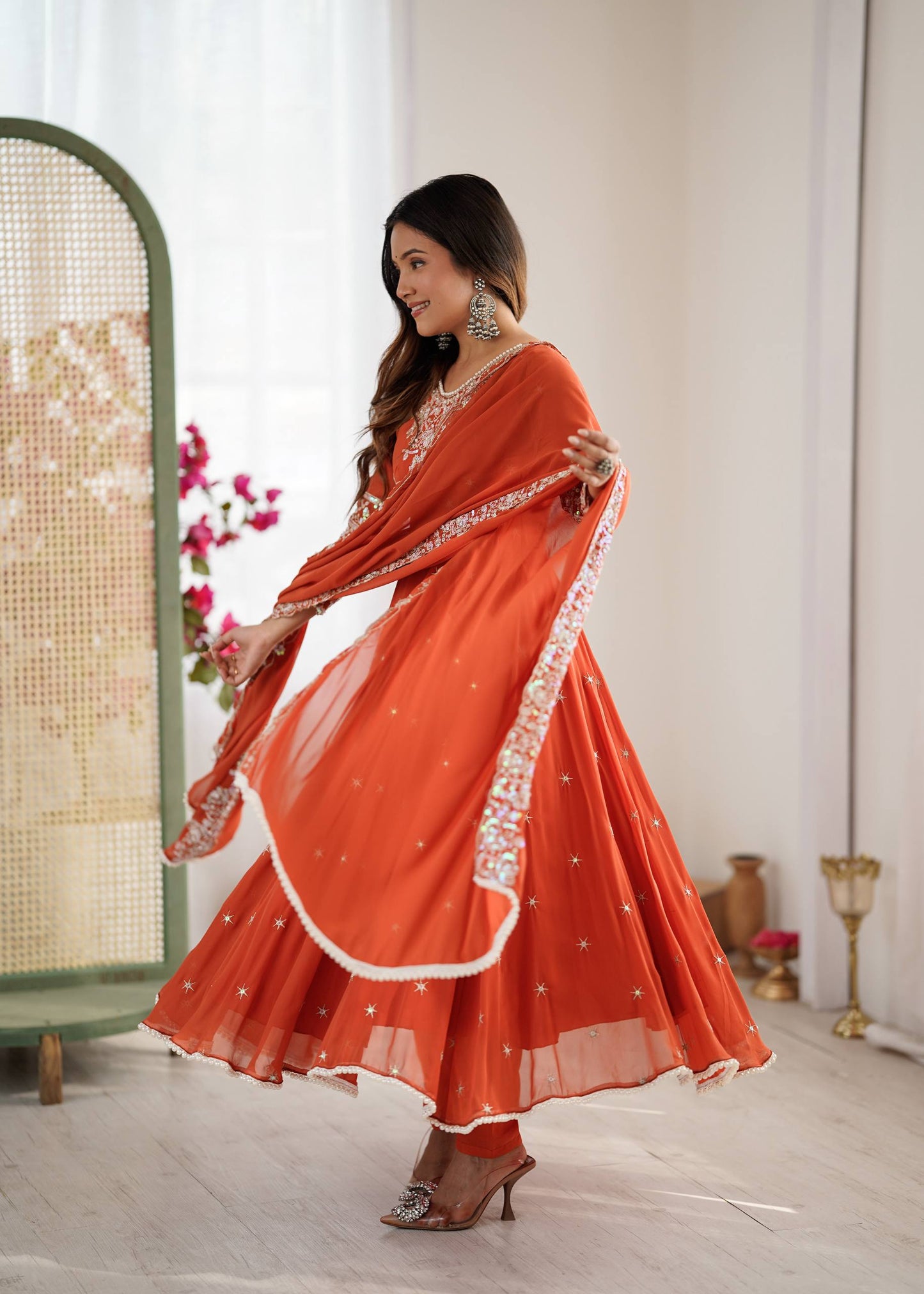 Arti Chauhan Wear Orange Color Sequence With Moti Work Anarkali Set