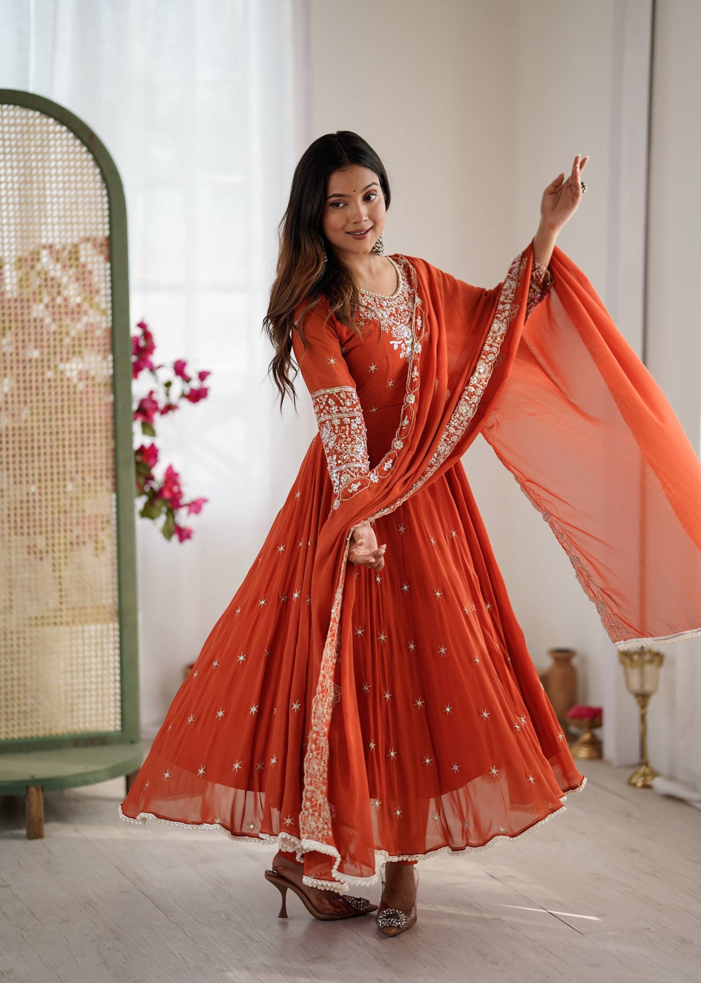 Arti Chauhan Wear Orange Color Sequence With Moti Work Anarkali Set