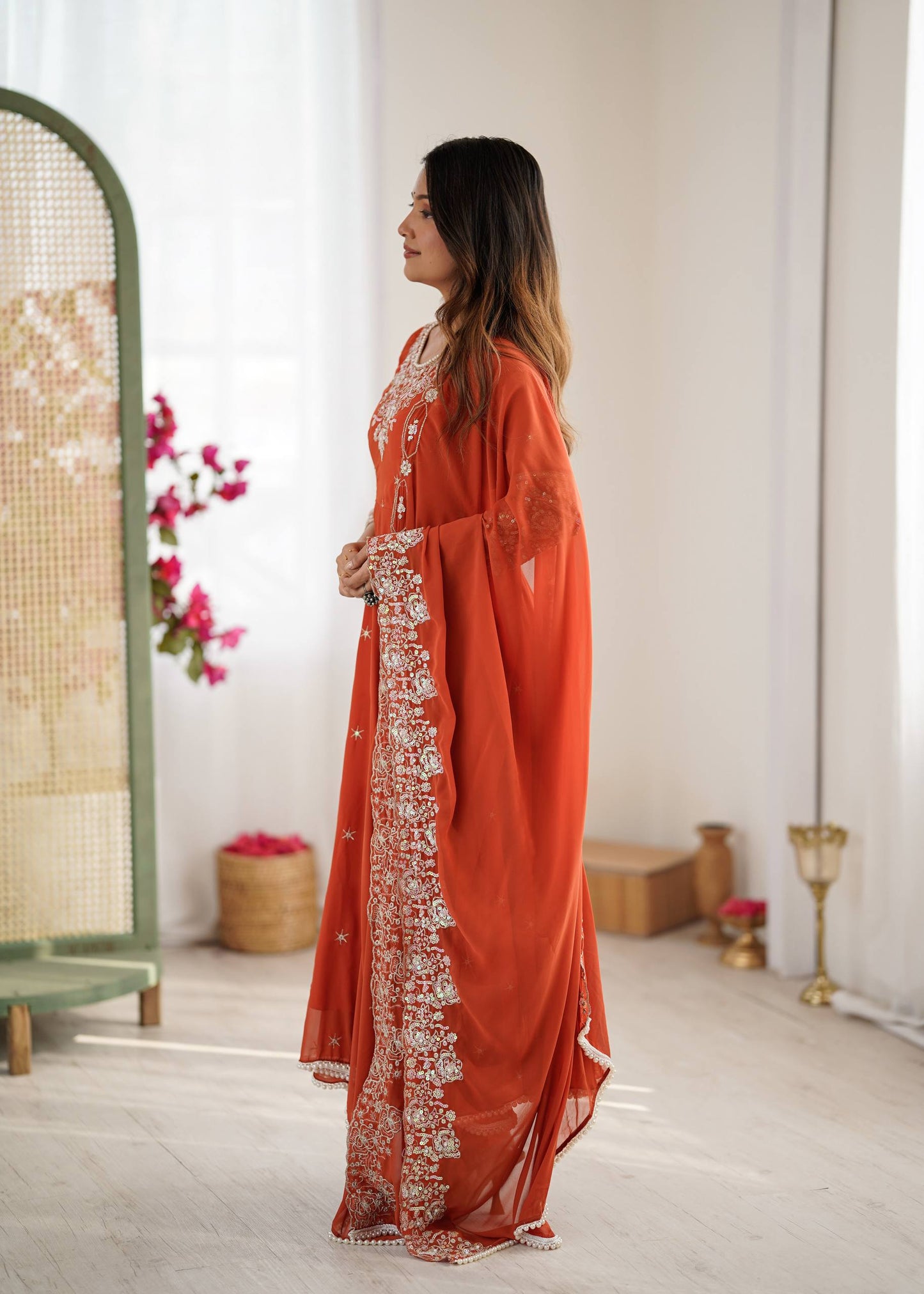 Arti Chauhan Wear Orange Color Sequence With Moti Work Anarkali Set
