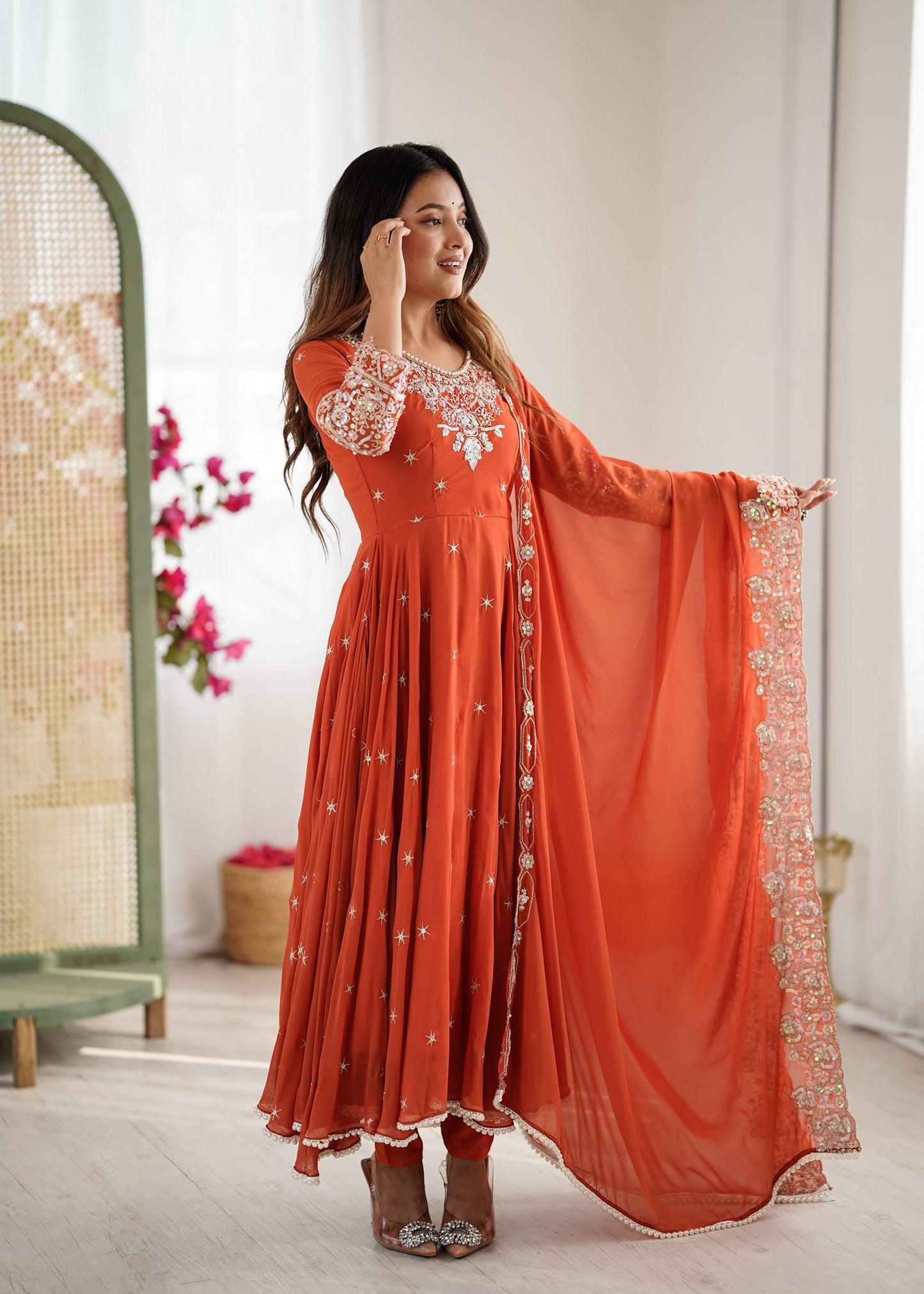 Arti Chauhan Wear Orange Color Sequence With Moti Work Anarkali Set