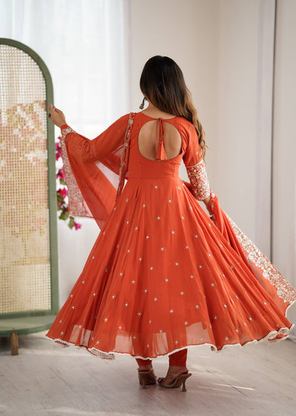 Arti Chauhan Wear Orange Color Sequence With Moti Work Anarkali Set