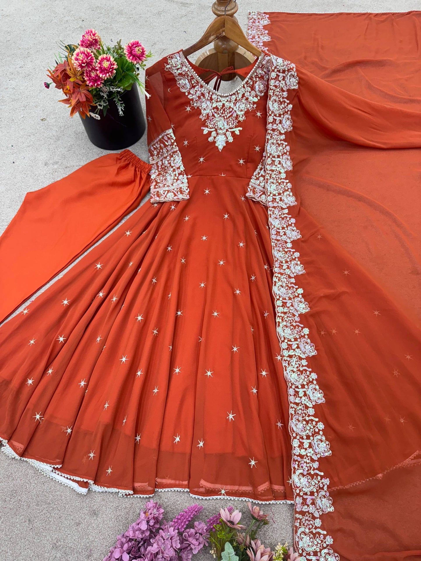 Arti Chauhan Wear Orange Color Sequence With Moti Work Anarkali Set