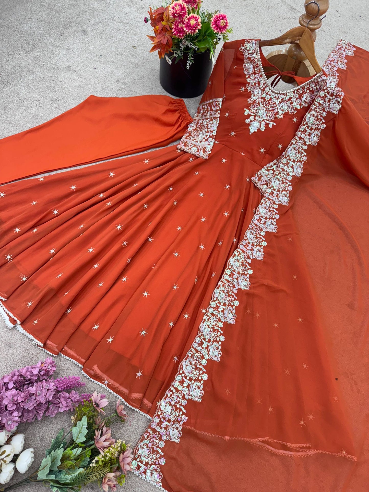 Arti Chauhan Wear Orange Color Sequence With Moti Work Anarkali Set
