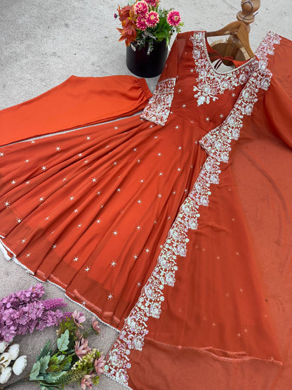 Arti Chauhan Wear Orange Color Sequence With Moti Work Anarkali Set