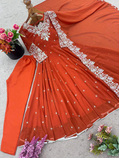 Arti Chauhan Wear Orange Color Sequence With Moti Work Anarkali Set