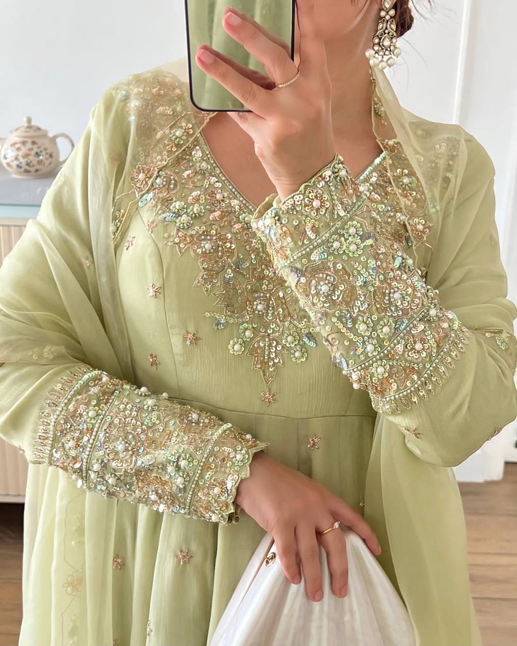 Outstanding Light Green Color Heavy Georgette With Full Heavy Embroidery Sequence Work Anarkali Gown