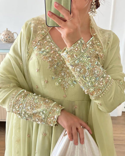 Outstanding Light Green Color Heavy Georgette With Full Heavy Embroidery Sequence Work Anarkali Gown