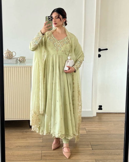 Outstanding Light Green Color Heavy Georgette With Full Heavy Embroidery Sequence Work Anarkali Gown