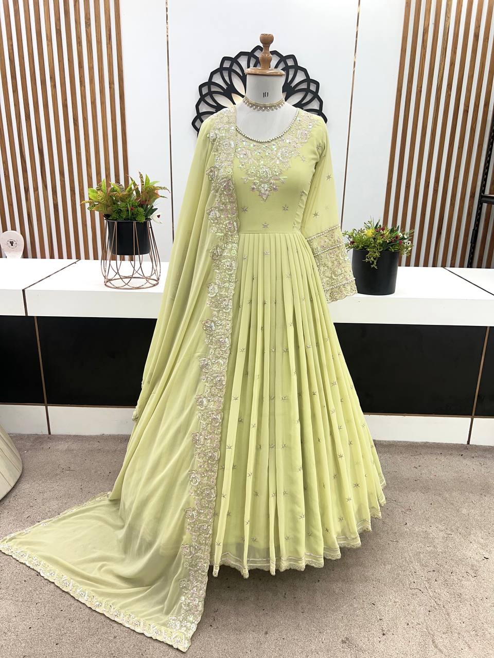 Outstanding Light Green Color Heavy Georgette With Full Heavy Embroidery Sequence Work Anarkali Gown