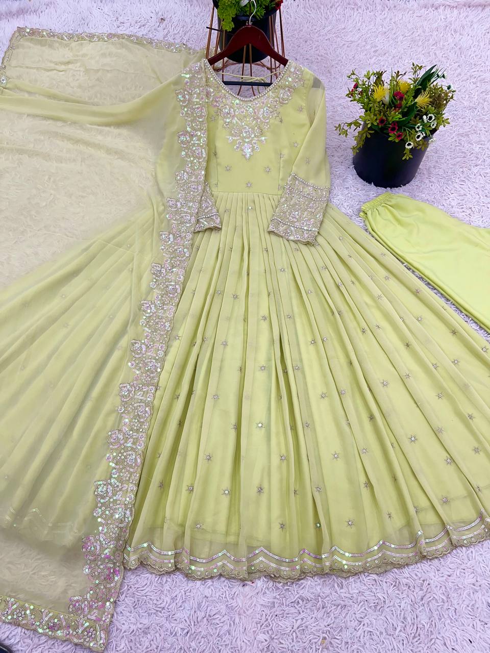 Outstanding Light Green Color Heavy Georgette With Full Heavy Embroidery Sequence Work Anarkali Gown