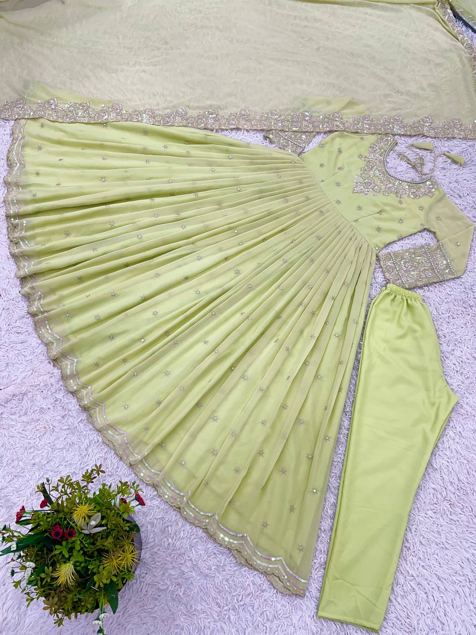 Outstanding Light Green Color Heavy Georgette With Full Heavy Embroidery Sequence Work Anarkali Gown