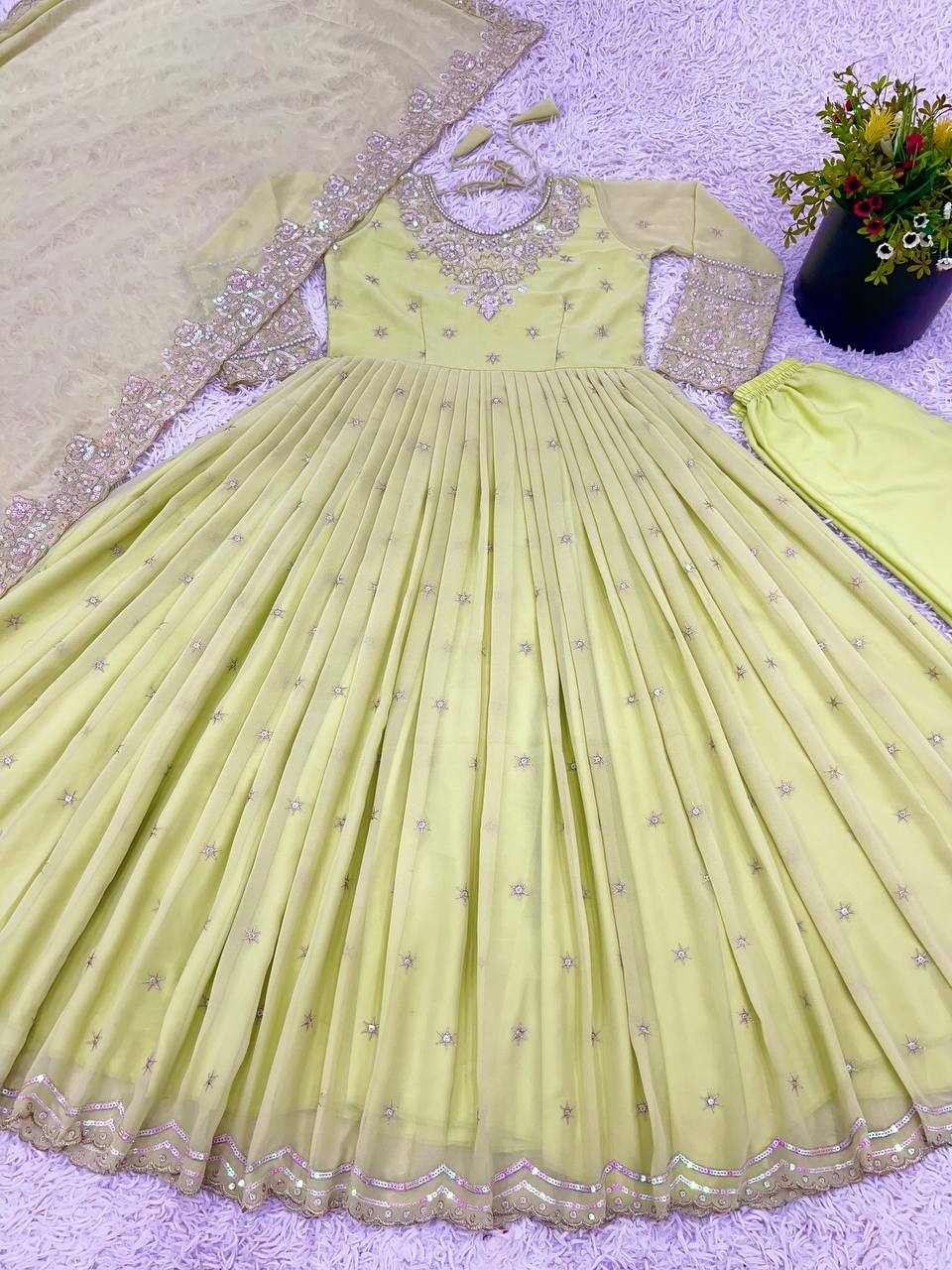 Outstanding Light Green Color Heavy Georgette With Full Heavy Embroidery Sequence Work Anarkali Gown