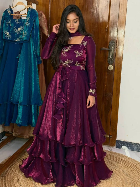 Designer Wine Color Fandy Satin Fully Stitched Lehenga Peplum Set