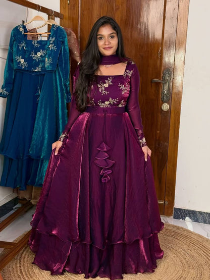 Designer Wine Color Fandy Satin Fully Stitched Lehenga Peplum Set
