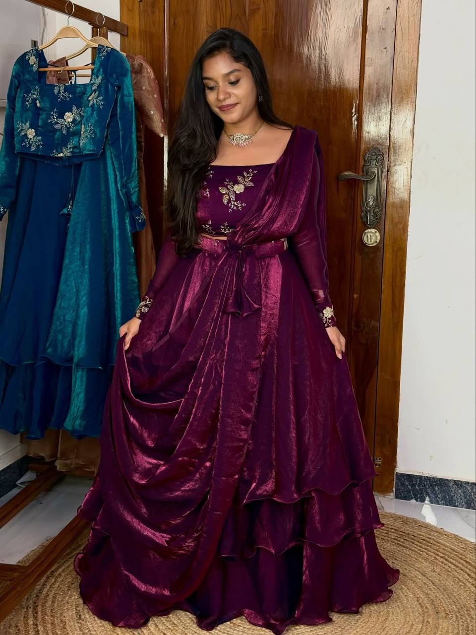 Designer Wine Color Fandy Satin Fully Stitched Lehenga Peplum Set