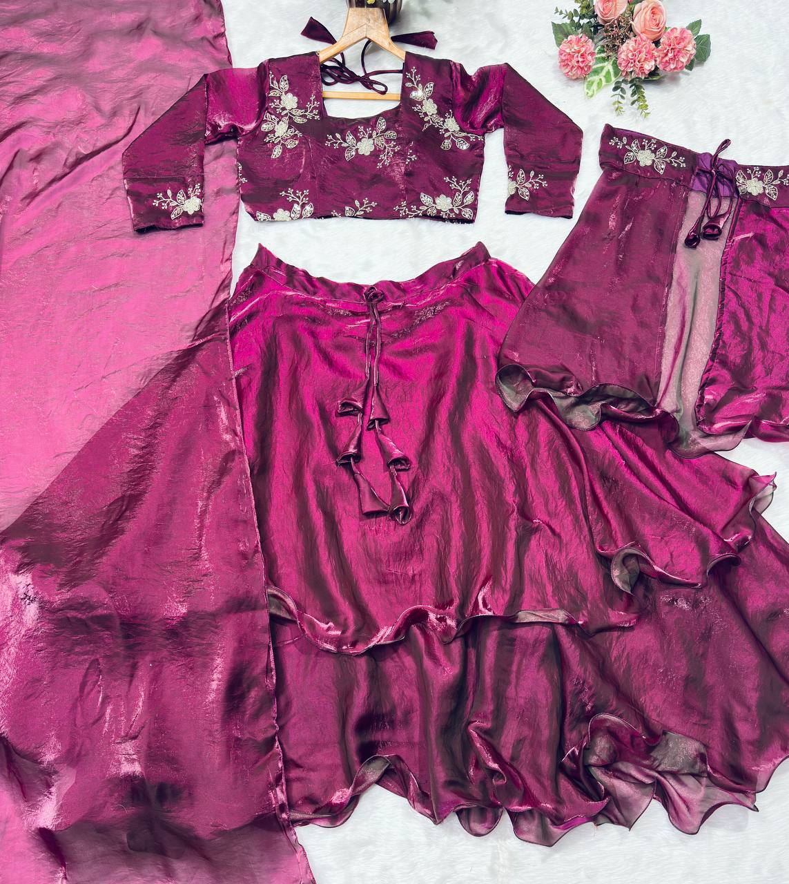 Designer Wine Color Fandy Satin Fully Stitched Lehenga Peplum Set