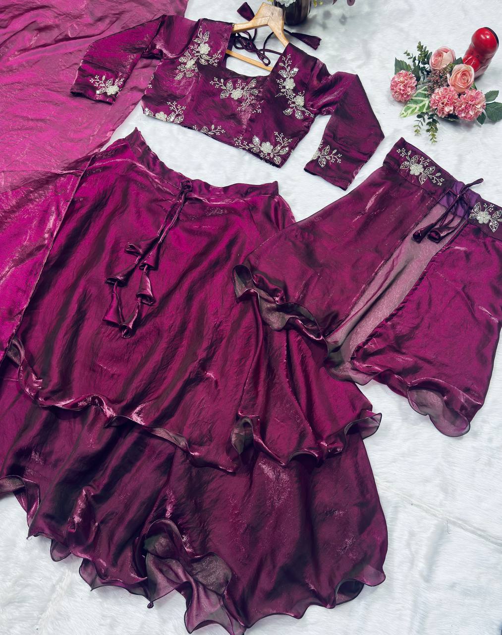 Designer Wine Color Fandy Satin Fully Stitched Lehenga Peplum Set