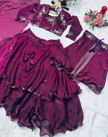Designer Wine Color Fandy Satin Fully Stitched Lehenga Peplum Set