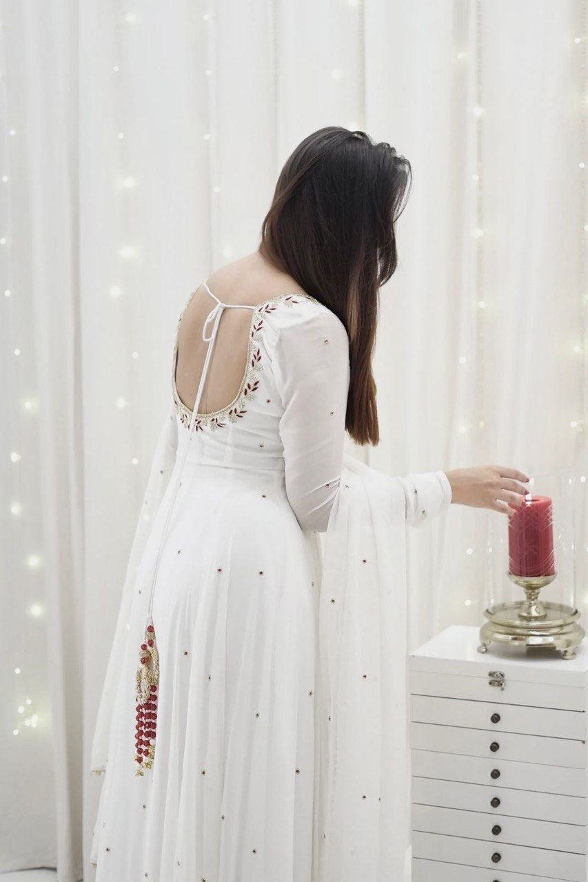 Function Wear White Color Faux Georgette With Hand Work Designer Gown